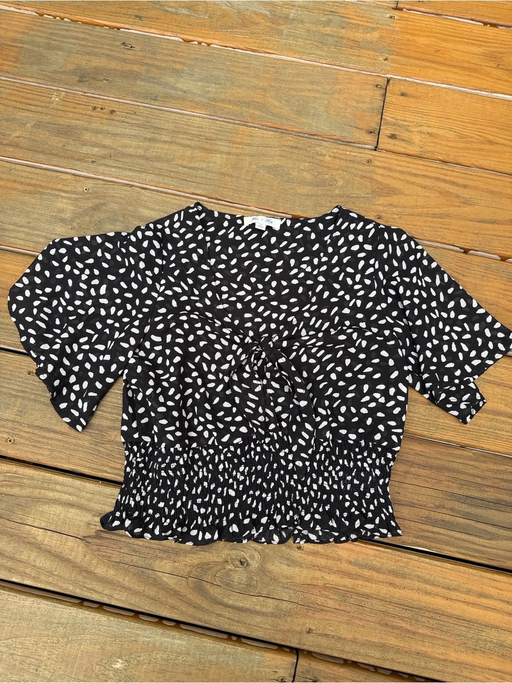 She + Sky Black and White Tie-Front Smocked Dot Blouse